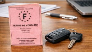 ancien permis de conduire sur un bureau avec des clefs