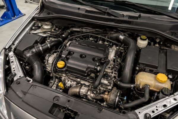 moteur 1.3 CDTI 75 ch d’une Opel Corsa, capot ouvert, dans une ambiance de garage