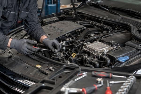 mécanicien automobile en combinaison de travail en train d’entretenir un moteur diesel Mercedes 220 CDI 170 ch