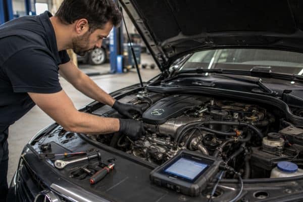 mécanicien automobile en train de contrôler un moteur diesel Mercedes 2.2 CDI 150 ch sur une Mercedes d’occasion