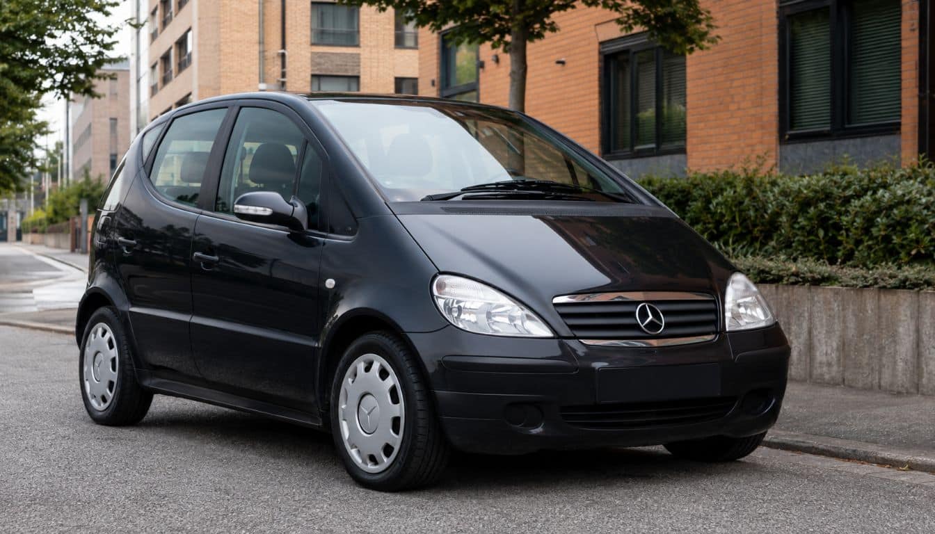 Mercedes Classe A 170 CDI ancienne génération garée en ville, vue en trois quarts avant