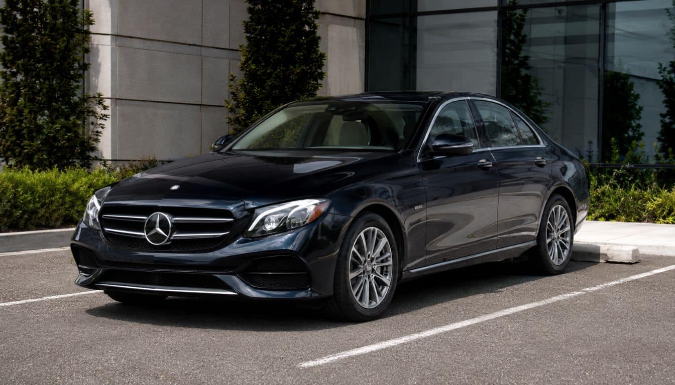 Mercedes E300 Hybrid stationnée sur une place de parking