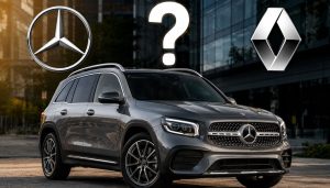Mercedes GLB 200 vu en trois quarts avant, dans un décor urbain moderne