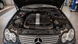 moteur diesel Mercedes 2.2 CDI 150 ch sous le capot d’une Mercedes Classe C des années 2000