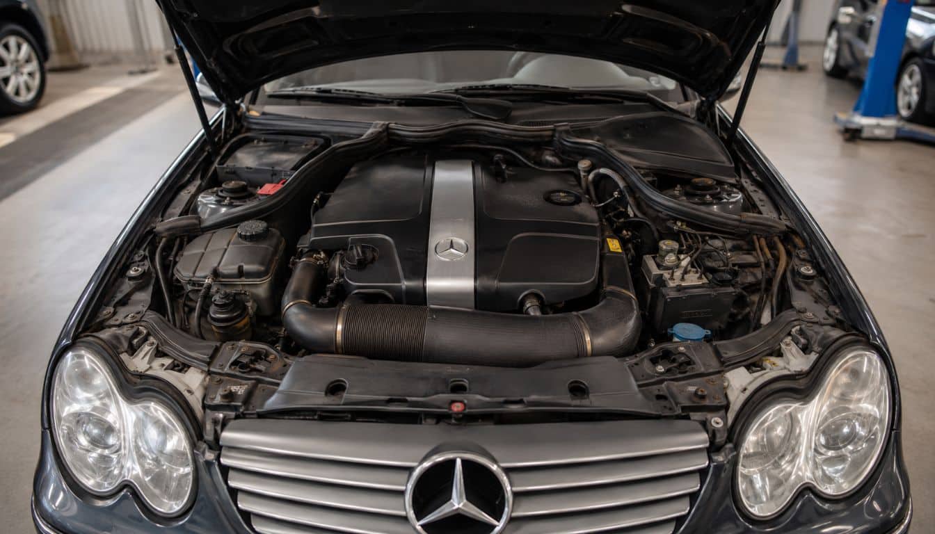 moteur diesel Mercedes 2.2 CDI 150 ch sous le capot d’une Mercedes Classe C des années 2000