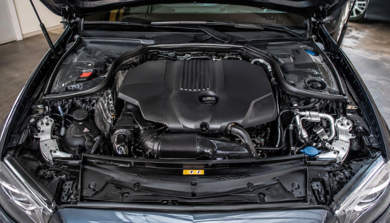 Photo réaliste d’un moteur diesel Mercedes 220 CDI 170 ch sous le capot d’une berline Mercedes
