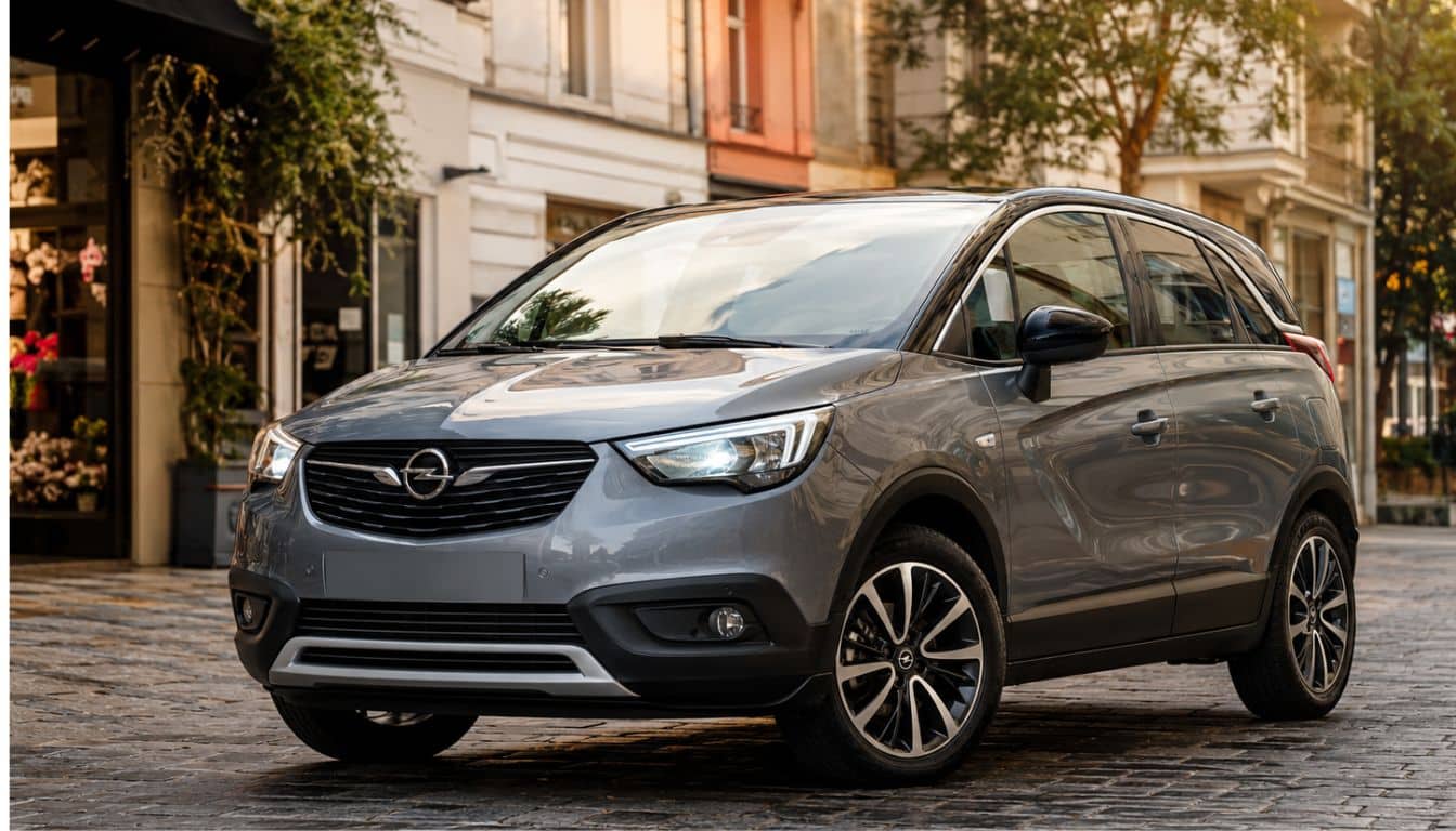 Opel Crossland X 1.2 Turbo garé en ville, dans une rue agréable et vivante