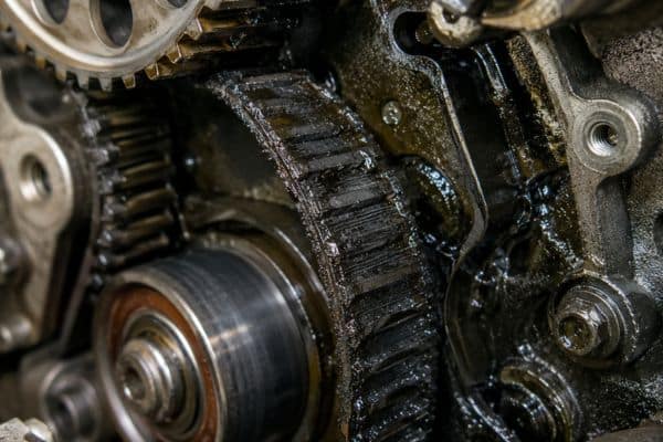 gros plan d’une courroie de distribution humide sur un moteur d’Opel Corsa 1.2 essence